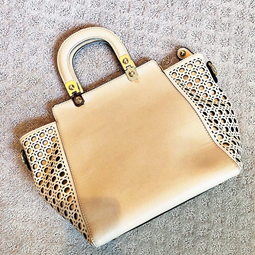 Tan Leather Stencil Handbag with Gold Hardware